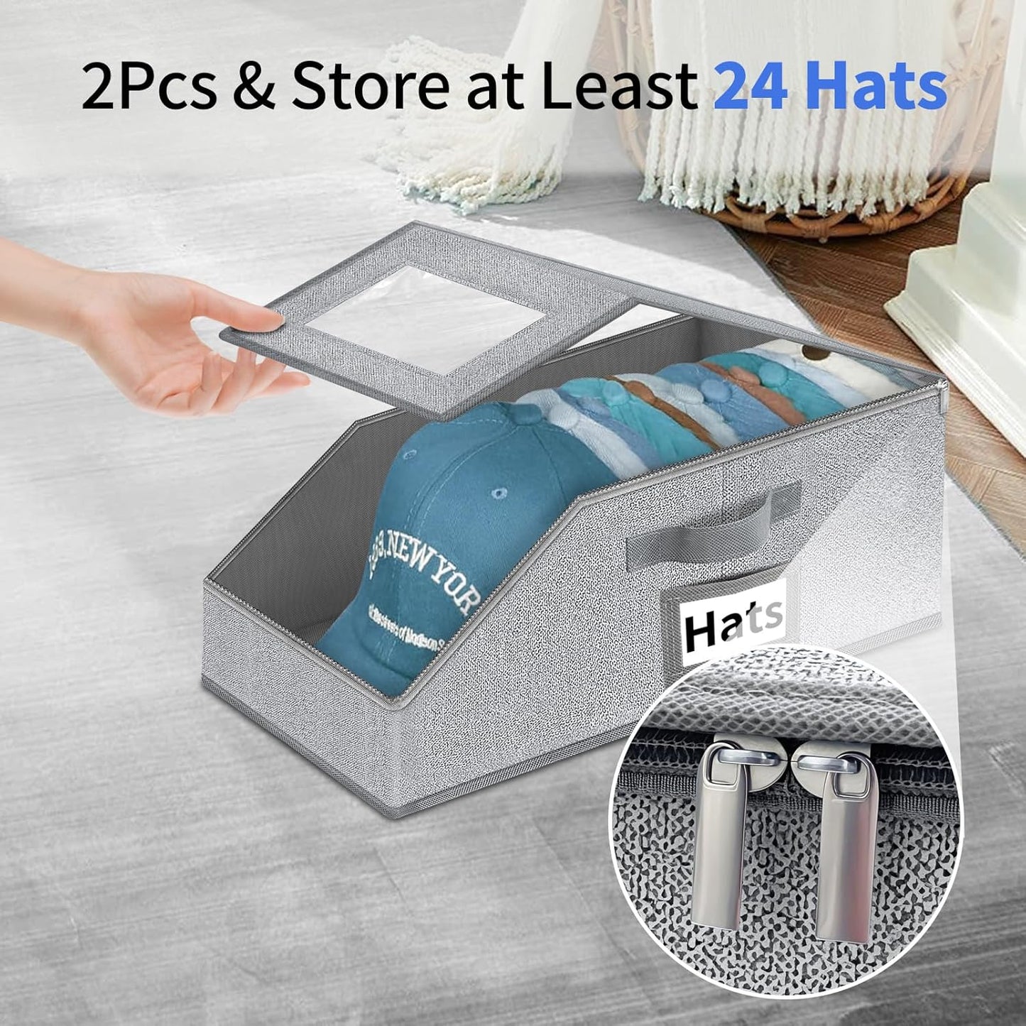 Aokeyee Hat Organizer - Stackable 2PCS Storage with Clear Window Lid & Flip-Top Access | Grey