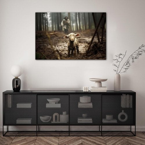 Jesus & Lamb Canvas Wall Art - Modern Christian Decor | Framed 24x36 Inches Picture for Home