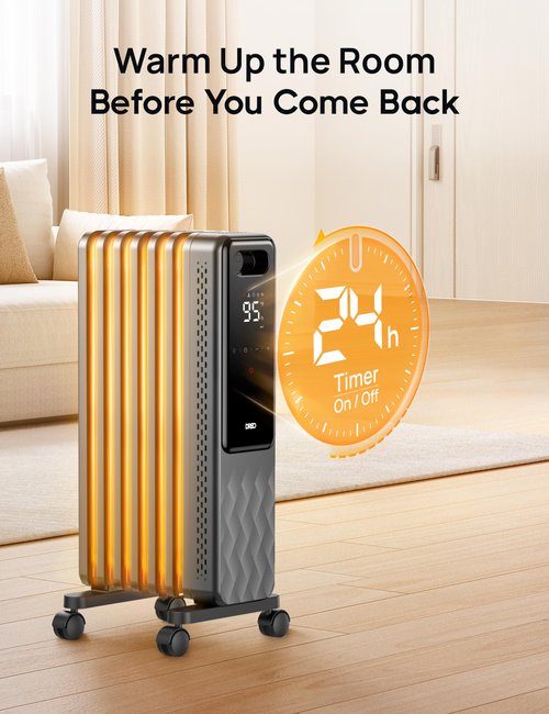 DREO Oil Filled Radiator, Electric Radiant Heaters for indoor use Large Room with Remote Control, Child Lock, 4 Modes, Overheat & Tip-Over Protection, 24h Timer, Digital Thermostat, Quiet, 1500W