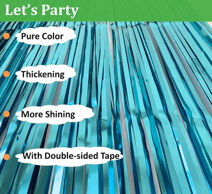 Skiennix Teal Blue Tinsel Foil Fringe Backdrop Curtains - 3PC Set for Birthday & Graduation Decor