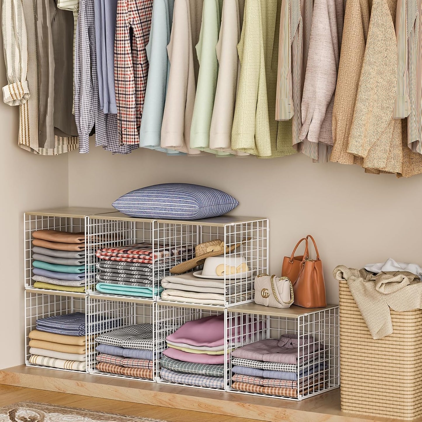 Skiennix Stackable Closet Organizers - Durable Storage Bins with Wood Top | White Metal, 3-Piece Set