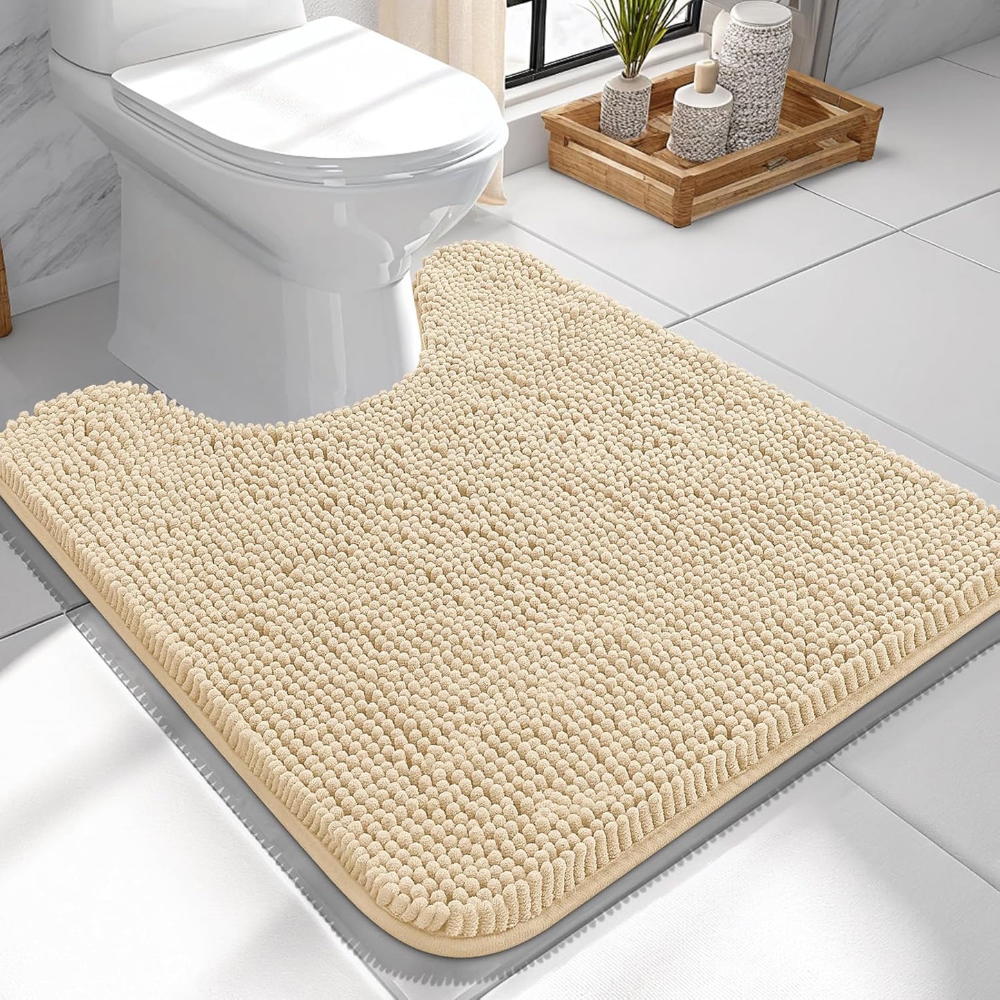 OLANLY U-Shaped Toilet Rug - Extra Soft Absorbent Chenille Bath Mat | 24x24 Inches, Beige, Non-Slip