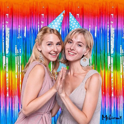 Dark Rainbow Fringe Curtain Backdrop by [Brand Name] - 4 Pack Metallic Tinsel Streamers | 3.2Ft x 9.8Ft for Parties & Events