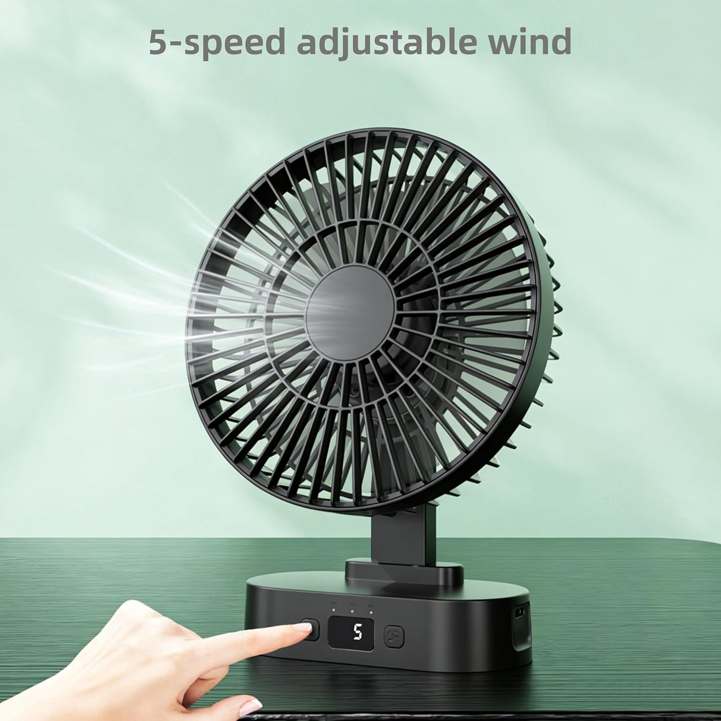 Skiennix USB Mini Desk Fan - 6-Inch, 5-Speed Adjustable Wind, Digital Display & 90-Degree Rotation | Black