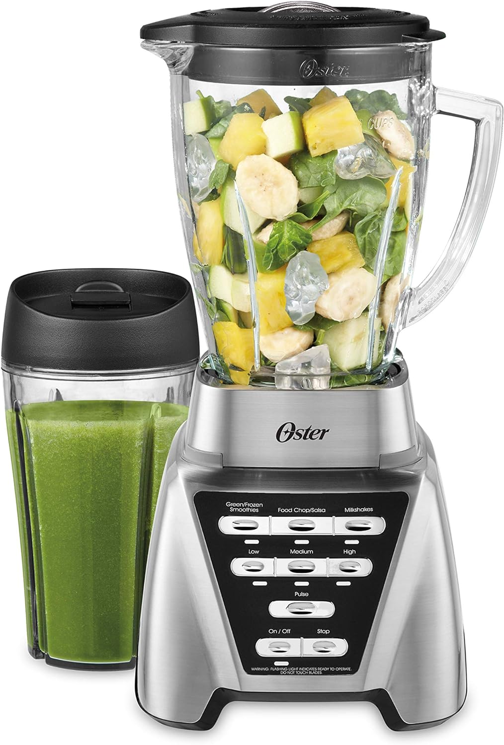 Oster Pro 1200 Blender - Smoothie Maker with Glass Jar & 24oz To-Go Cup | 7 Speeds, 1200W Power, Brushed Nickel