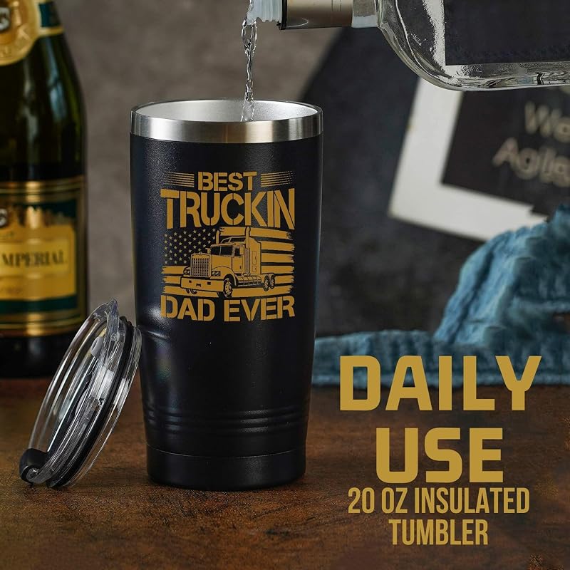 20 oz Stainless Steel Insulated Tumbler - Best Truckin Dad Ever Gift for Truck Driver Dad