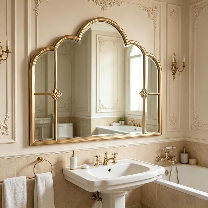 Gold Scalloped Wall Mirror - 33.85 x 25.59 in - Three-Section Vintage Frame