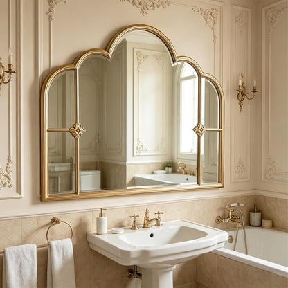 Gold Scalloped Wall Mirror - 33.85 x 25.59 in - Three-Section Vintage Frame