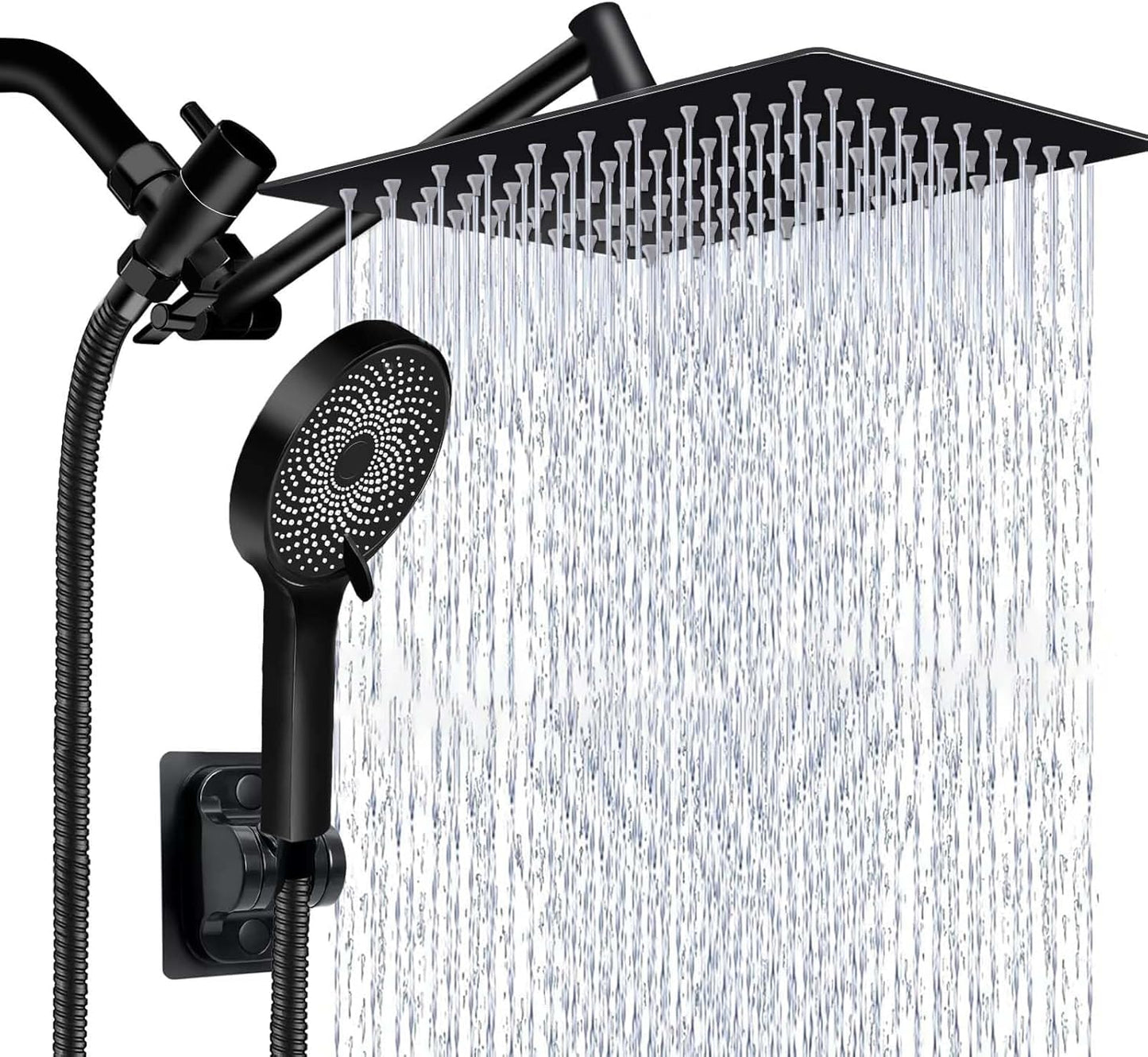 Shower Head,10 Inch High Pressure Rain Shower Head with Handheld Spray Combo, Adjustable Dual Rainfall Shower Head - Showerhead Comb Set with Extension Arm - 60 Inch Long Shower Hose（Black）