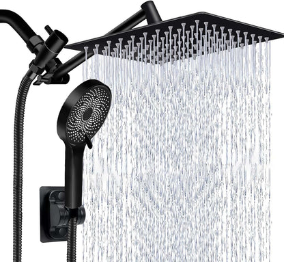 Shower Head,10 Inch High Pressure Rain Shower Head with Handheld Spray Combo, Adjustable Dual Rainfall Shower Head - Showerhead Comb Set with Extension Arm - 60 Inch Long Shower Hose（Black）