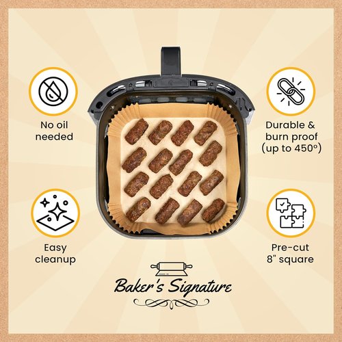 Baker's Signature Air Fryer Liners - 250 Pcs Non-Stick & Oil Proof, 8” Square for 5-8 Qt Baskets