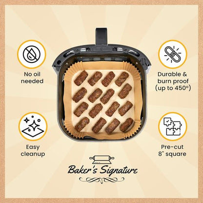 Baker's Signature Air Fryer Liners - 250 Pcs Non-Stick & Oil Proof, 8” Square for 5-8 Qt Baskets