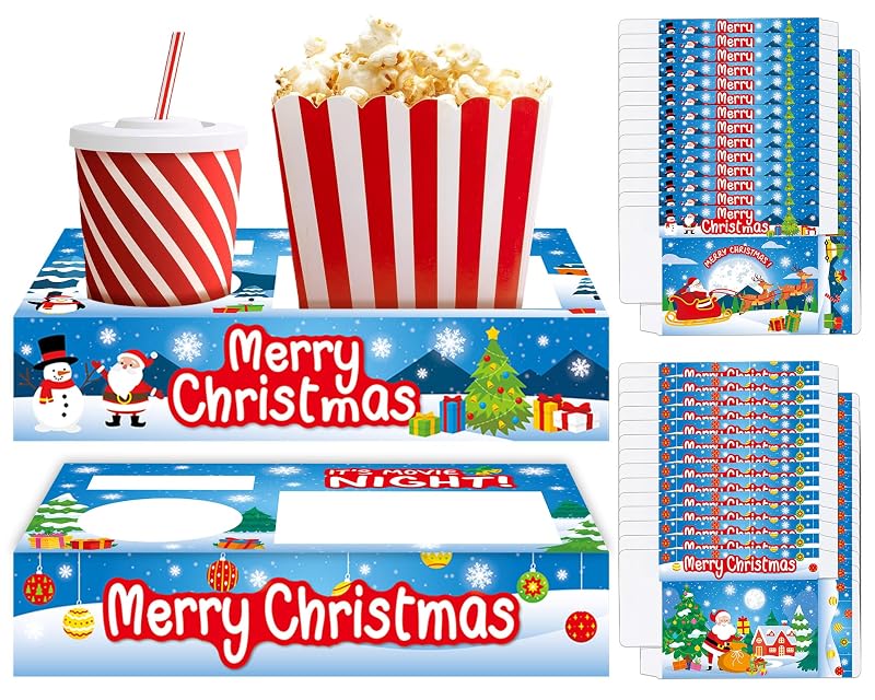 Christmas Movie Night Snack Tray Set – 32pc Paper Popcorn & Drink Holders for Party, Snowman & Santa Snow-themed