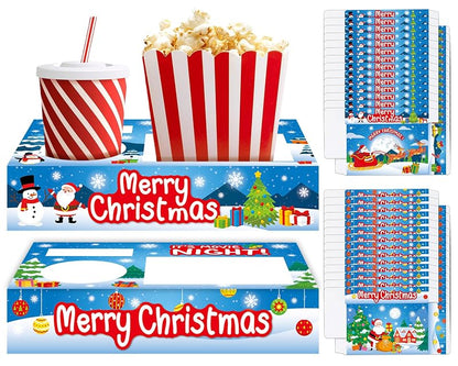 Christmas Movie Night Snack Tray Set – 32pc Paper Popcorn & Drink Holders for Party, Snowman & Santa Snow-themed