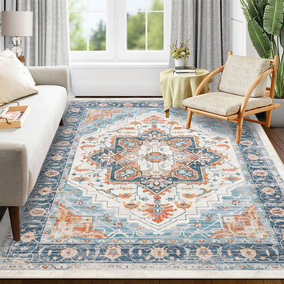 Pauwer Washable Area Rug 6x9, Large Boho Living Room Area Rugs, Soft Vintage Bedroom Rug Carpet, Non Slip Low-Pile Distressed Accent Rug for Dining Room Entryway Dorm, Blue