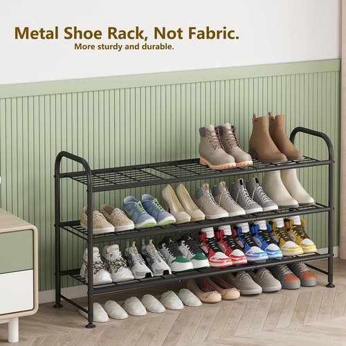 LINZINAR Shoe Rack - 3-Tier Metal Organizer for Closet & Entryway - Stylish Black Design