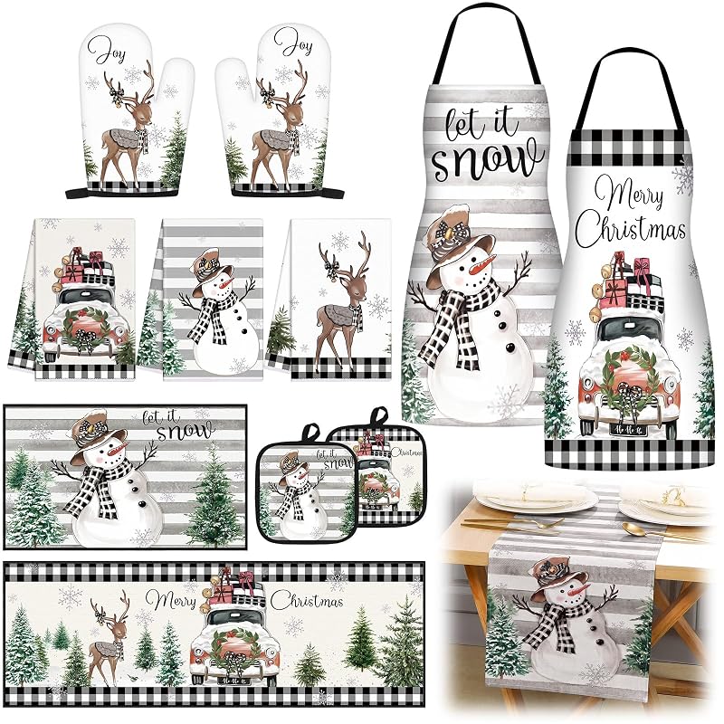 Rustic Christmas Kitchen Set - 12 Pcs Aprons, Towels, Runners & More (Variation: Rustic Style)