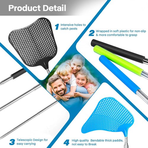 Begonia Telescopic Fly Swatter - Heavy-Duty Manual Plastic Design with Stainless Steel Handle | 3 Pack