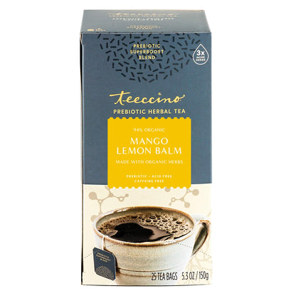 Teeccino Mango Lemon Balm - Prebiotic SuperBoost™ Herbal Tea - Support Your Probiotics with Vegan GOS & Organic XOS For Good Gut Health - Caffeine-Free, 25 Tea Bags