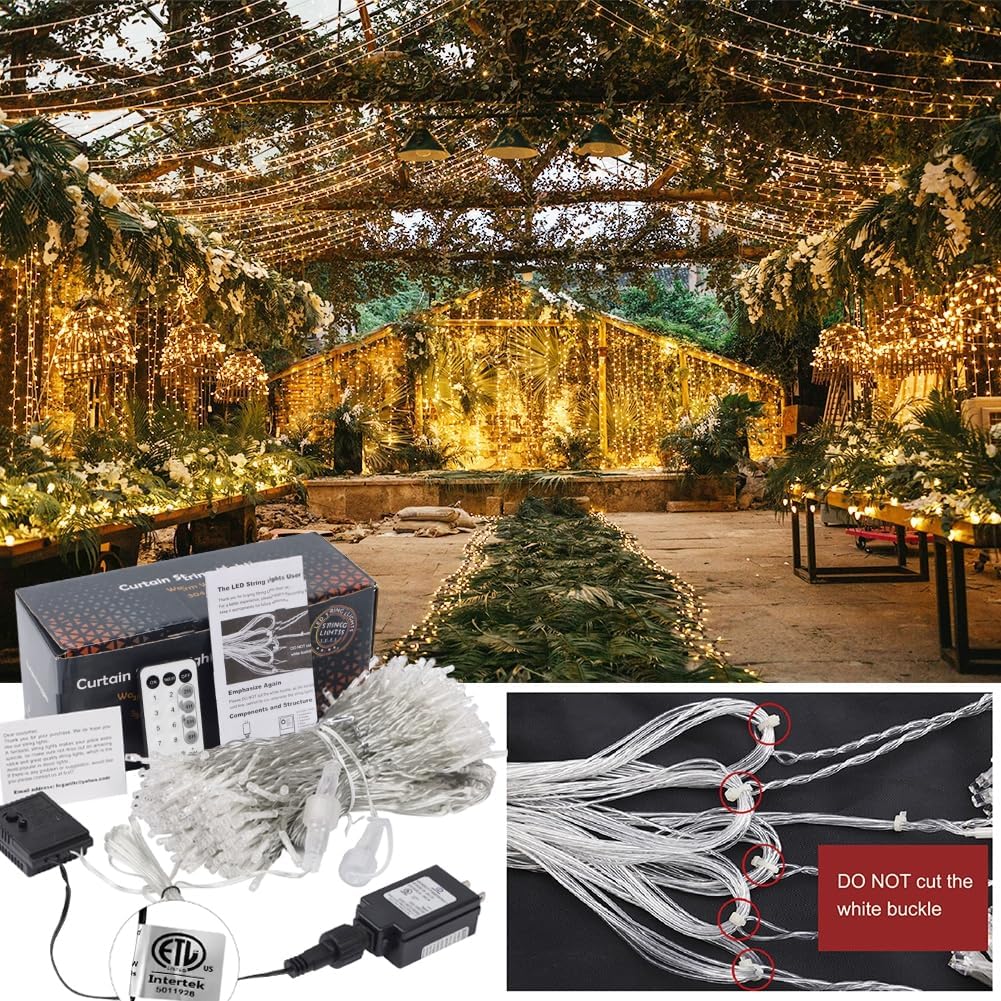 WATERGLIDE 300 LED Curtain Lights - Remote Control Holiday String Lights | 8 Lighting Modes, Warm White
