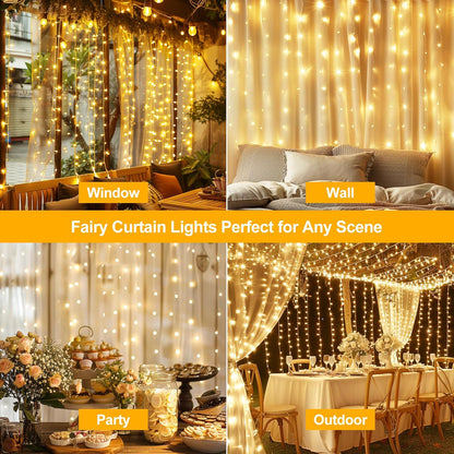 Skiennix 200 LED Fairy Curtain Lights - 6.6 x 6.6 FT Warm White USB Plug with Remote | 8 Modes for Christmas & Events