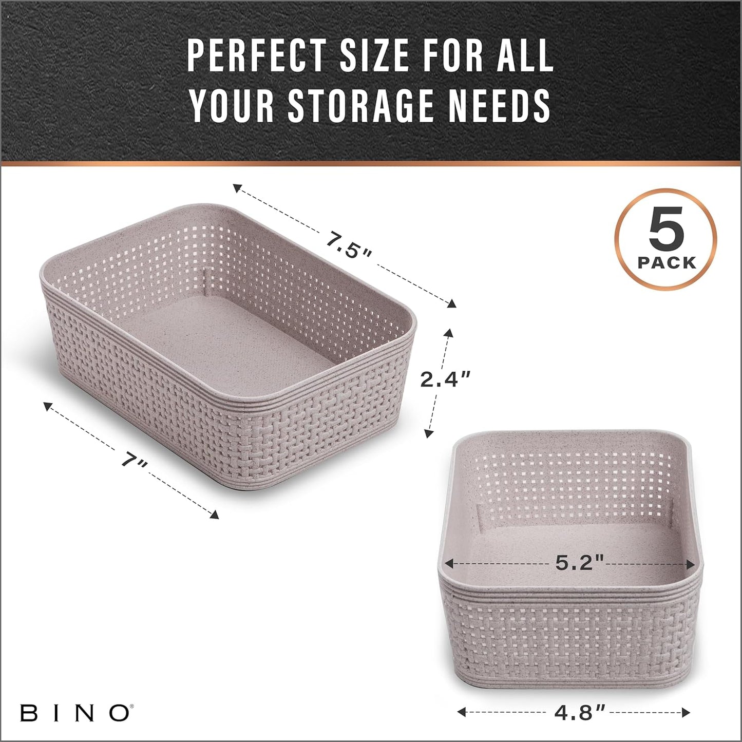 BINO Woven Plastic Basket - Stylish Home Organization | XS Natural Grey, 5-Pack | Jute Collection