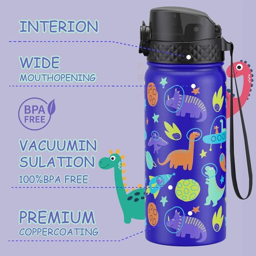 GOPPUS Kids Water Bottle - 18oz Vacuum Insulated Stainless Steel Tumbler | Blue Space Dinosaur Design