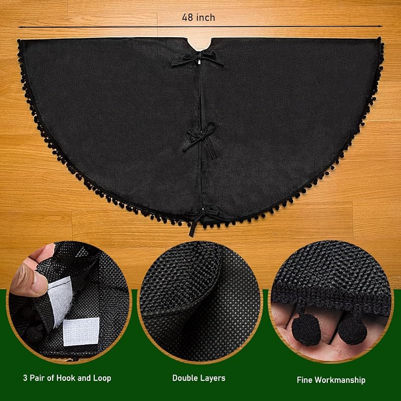Black 48 Inch Christmas Tree Skirt - Burlap Double Layer with Pom Poms, Rustic Santa Decor (Variation: Black+48inch)