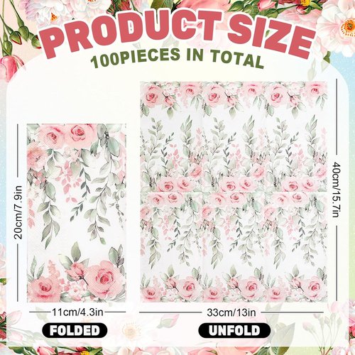 FYSUIMU Floral Guest Napkins - 100 Pcs Greenery Design with Spring Roses & Eucalyptus | Disposable Paper Towels for Weddings & Parties