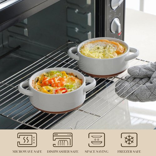 MALACASA Mini Cocotte Set - 12 OZ Ramekins with Lids | Oven-Safe Ceramic Baking Dishes, Set of 4 in Khaki Grey