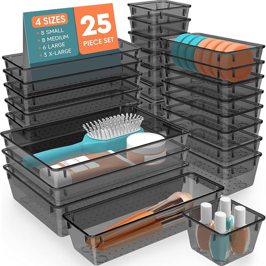 SpaceHacks 25 PCS Plastic Drawer Organizer Set - Versatile Tool Trays & Storage Bins for Makeup, Jewelry, & Gadgets | Clear Black