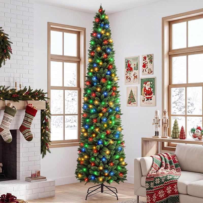 NEWBULIG 9 ft Pencil Christmas Tree - Green with Multicolor LED Lights, 1100 Tips, 8 Modes, Slim Pre-Lit