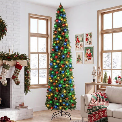 NEWBULIG 9 ft Pencil Christmas Tree - Green with Multicolor LED Lights, 1100 Tips, 8 Modes, Slim Pre-Lit