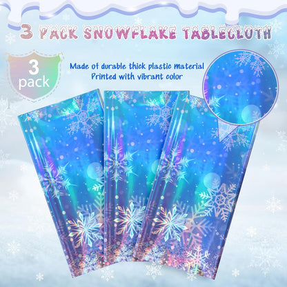 Skiennix Iridescent Winter Snowflake Tablecloths - Holographic Blue & Purple | 54x108 Inch, 3 Pack