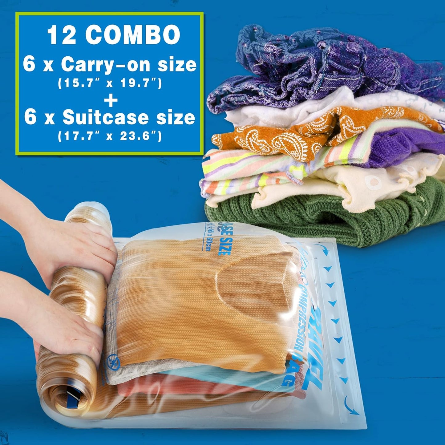 Skiennix Compression Bags - Space Saver Vacuum Packing for Travel Essentials | 12-Pack