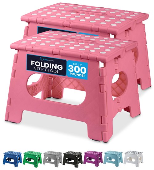 Handy Laundry Folding Lightweight Step Stool - Sturdy Enough to Support Adults and Safe Enough for Kids - Opens Easy with One Flip - Great for Kitchen, Bathroom or Bedroom (Pink | 2-Pack)