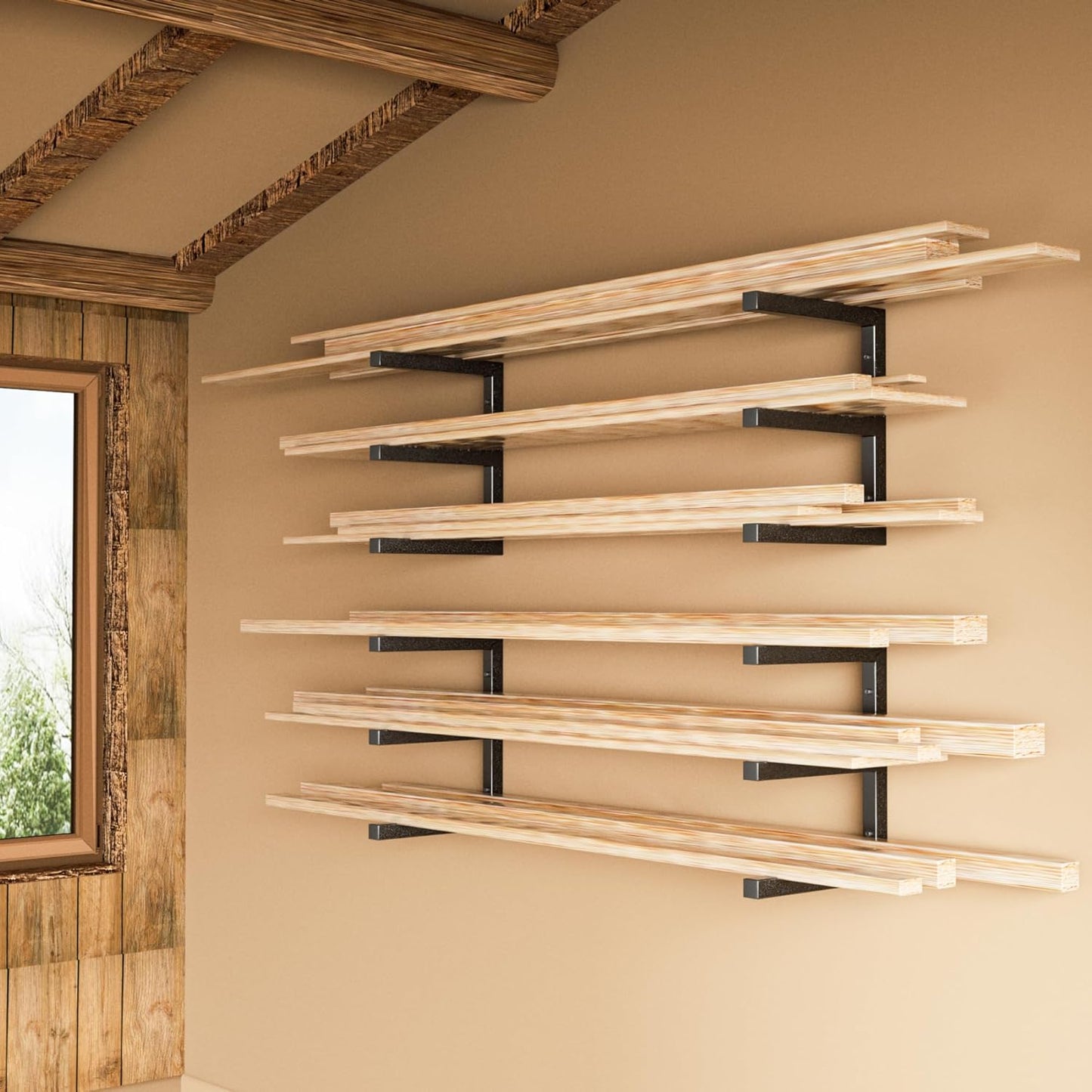 YYR Wood Organizer - Heavy Duty Metal Lumber Storage Rack | 6-Level Wall Mount, Holds 1200 LBS - Black