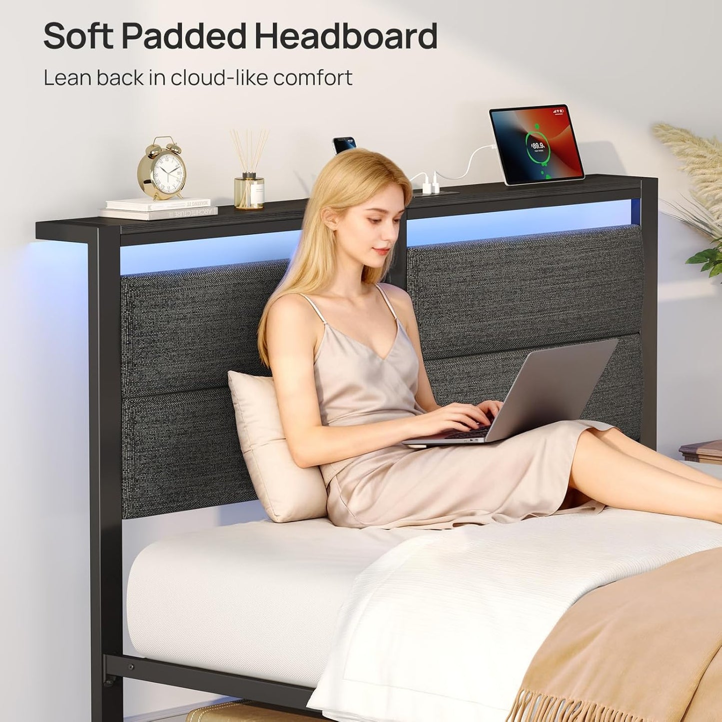 Rolanstar Full Size Bed Frame - LED Upholstered Storage Headboard with Charging Station | Grey