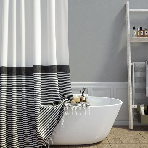 Dynamene Modern Farmhouse Fabric Shower Curtain Boho Black and White Striped Cloth Bathroom Shower Curtain with Tassels, Hotel Luxury Decorative Shower Curtain Set with 12 Hooks - 72x72