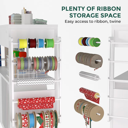 Skiennix Wrapping Paper Organizer - Stylish Craft Cart with Ribbon & Gift Bag Storage | 3 Wooden Drawers - White