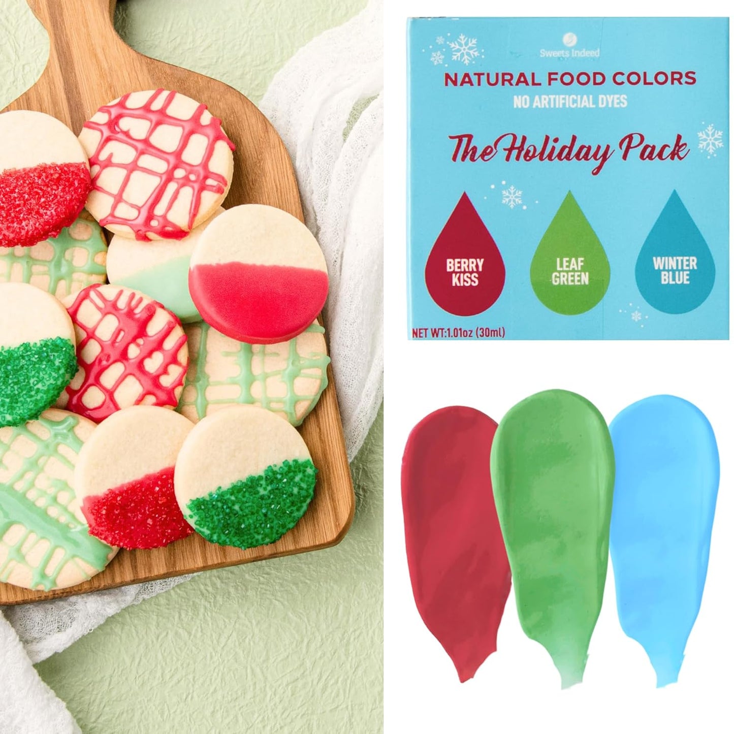 Natural Dye Free Christmas Food Coloring Set by [Brand Name] - 3 Bottles (Berry Kiss Red, Leaf Green, Winter Blue) | Perfect for Frosting, Baking & Icing