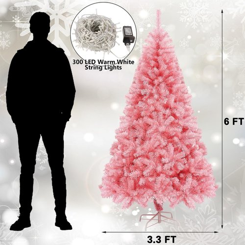Juegoal 6 FT Artificial Christmas Tree - Spruce Hinged Design with 300 LED Warm White Lights | 8 Lighting Modes, Pink