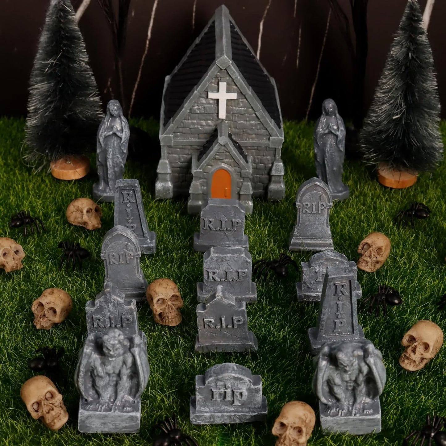 Rileryan Miniature Church Tombstones - 15 PCS Gargoyle Virgin Figurines for Halloween Decor