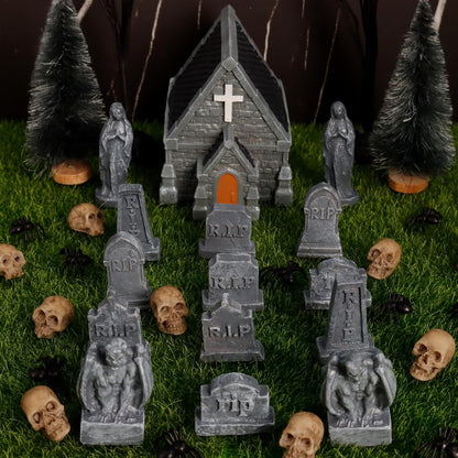 Rileryan Miniature Church Tombstones - 15 PCS Gargoyle Virgin Figurines for Halloween Decor