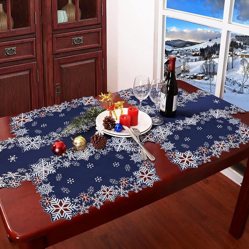Simhomsen Navy Embroidered Snowflakes Table Runner 14×90 inches – Winter Holiday