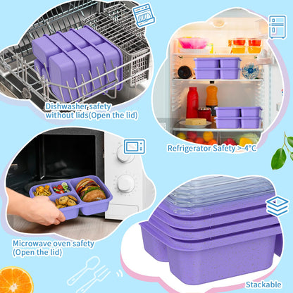 Bento Box for Adults and Snack Containers Set of 4 - Stackable, with 4 Compartments, Microwave & Dishwasher Safe, BPA Free - Reusable Meal Prep Containers for Kids and Adults (Purple)