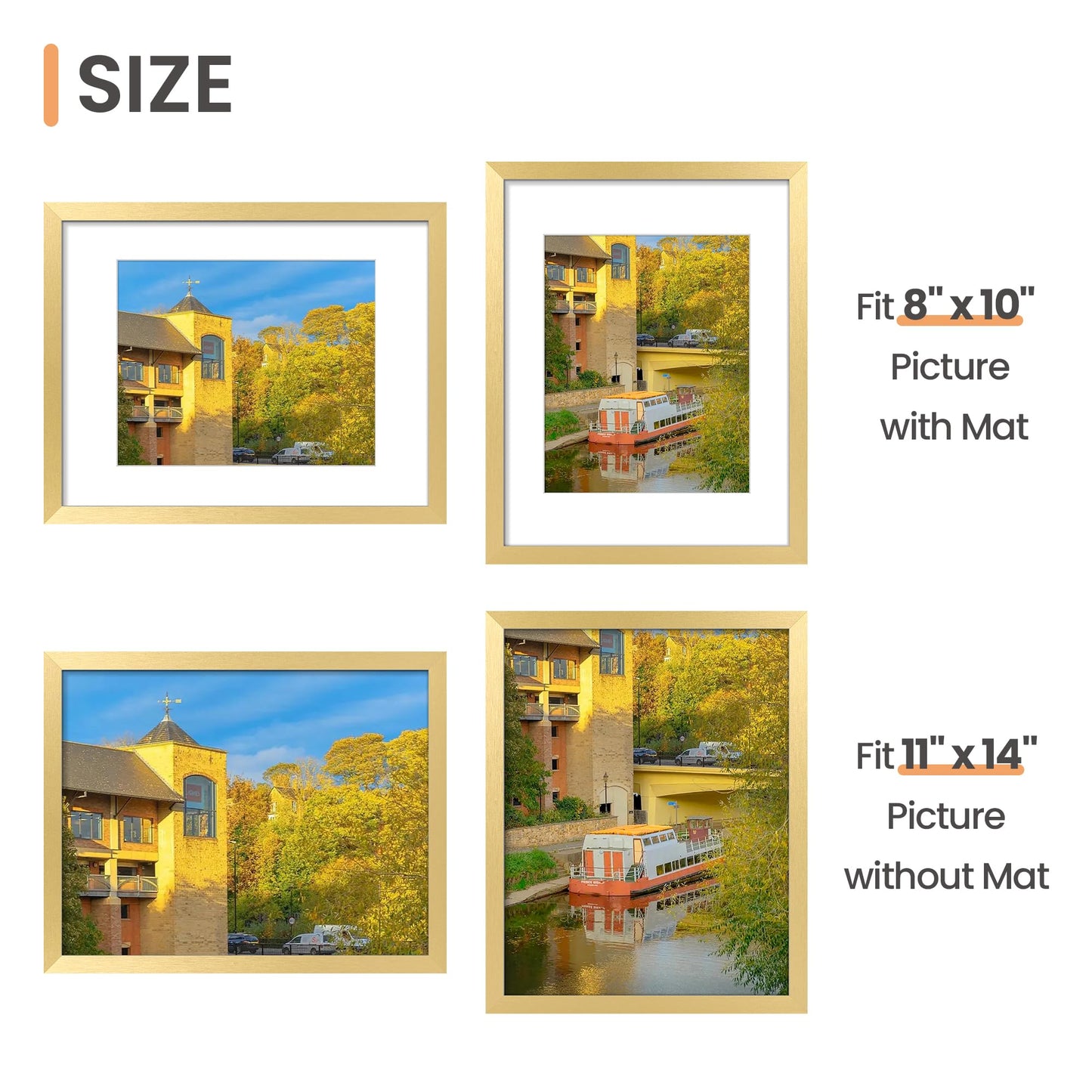 upsimples 11x14 Picture Frame Set of 5, Display Pictures 8x10 with Mat or 11x14 Without Mat, Wall Gallery Photo Frames, Gold