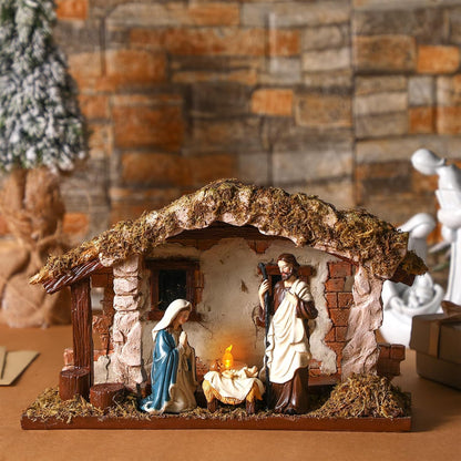 Barydat Christmas Nativity Stable - 10 x 7.87 x 5 Inch Resin Creche with Realistic Moss Roof | Beautiful Holiday Decor