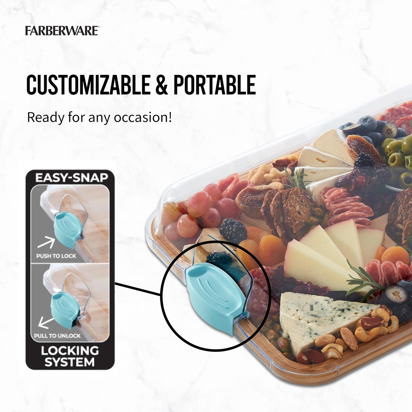 Farberware Build-A-Board Bamboo Cutting Board with Built-in Compartments and Clear Locking Lid with Blue Handles, Perfect for Charcuterie, Snacks, and More - Make it. Take it. Enjoy it, 11x14 Inches