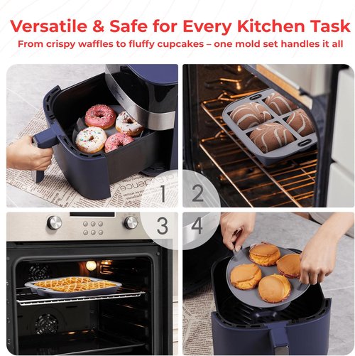 EM Silicone Air Fryer Liners Set - 4-Pc Reusable Baking Molds for Cakes, Donuts & Waffles | Fits 3-5 Qt Air Fryers